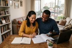 Casal alegre organiza documentos e faz anotações juntos na sala de casa, com laptop e smartphone à mesa, num ambiente acolhedor e familiar.