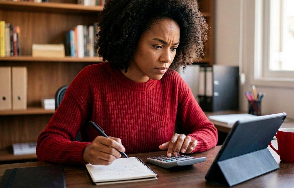 Mulher de blusa de tricot vermelha e cabelo afro volumoso trabalha concentrada em sua mesa de escritório. Ela segura uma caneta sobre um caderno, aperta os botões de uma calculadora e observa atentamente a tela de um tablet apoiado na mesa, em um ambiente organizado com estante de livros ao fundo.