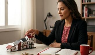 Mulher vestindo blazer preto sobre uma blusa vermelha e branca analisa maquetes em miniatura de casas dispostas sobre uma mesa de madeira. Ela toca suavemente o telhado de uma das casas, e ao lado estão um jogo de chaves, um caderno aberto com anotações e uma caneca vermelha.